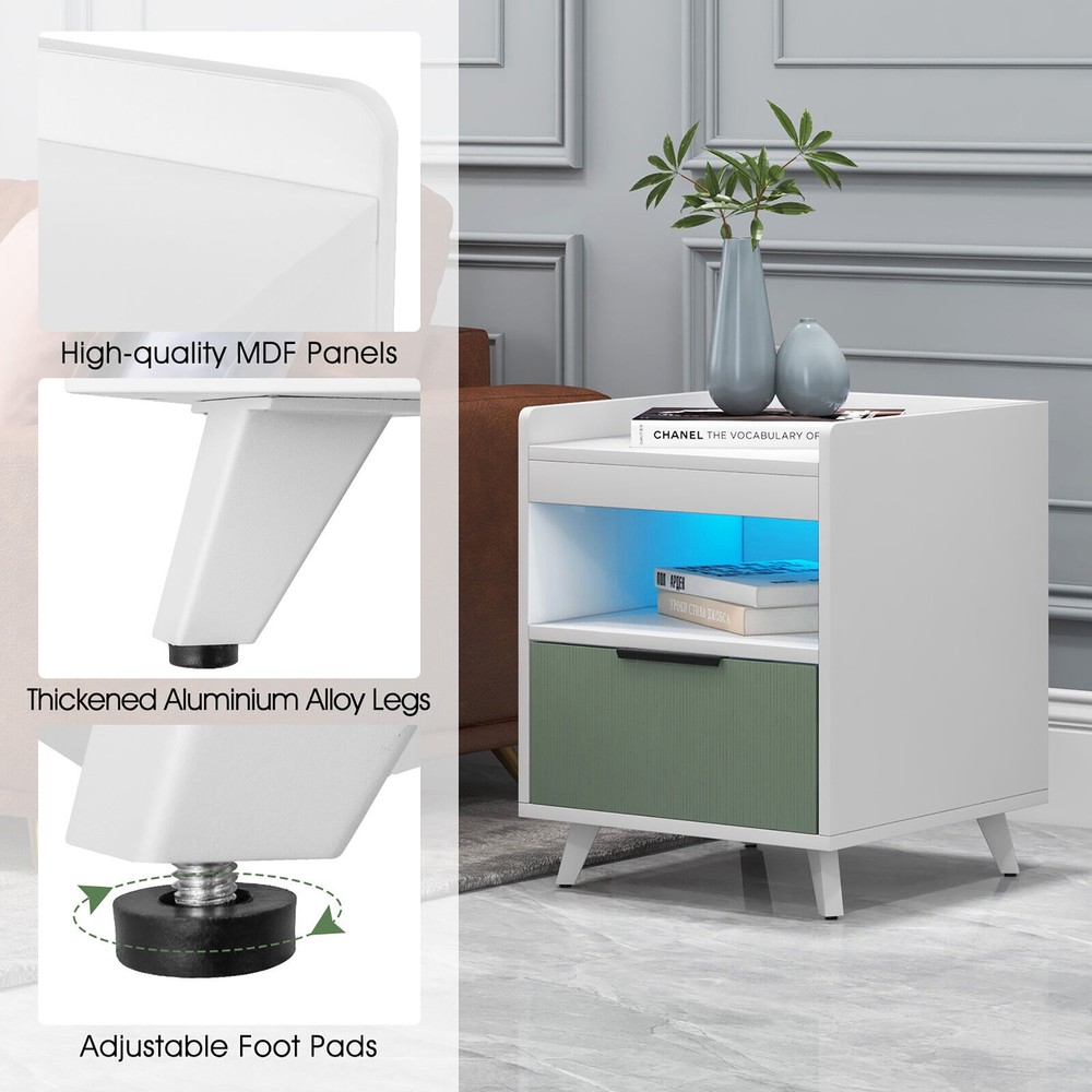 Nightstand Modern Beside End Table w/ LED Lights Open Compartment & Drawer