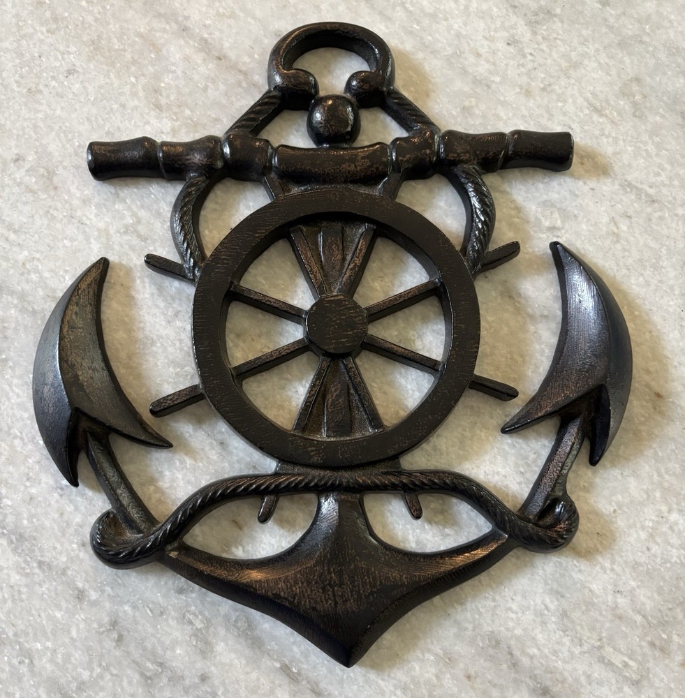Nautical Cast Iron Anchor & Helm Wall Decor 11”