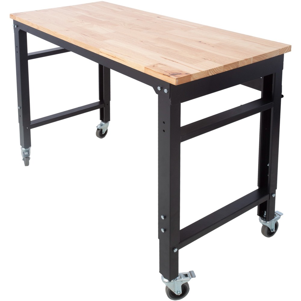 48" Wide Adjustable Height Rolling Workbench with Rubber Wood Top