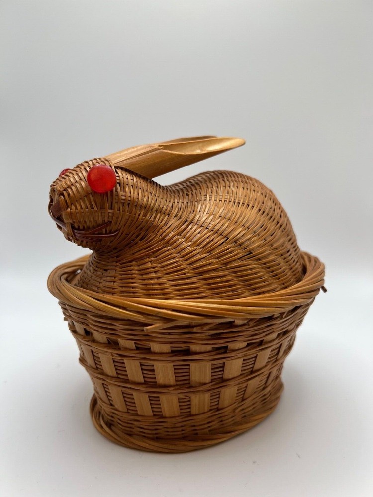 Small Bamboo Bunny Rabbit Basket With Button Eyes