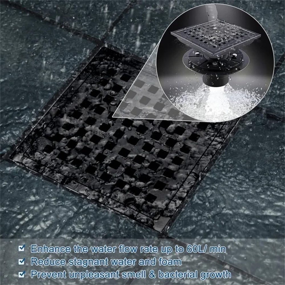 6 Inch Square Shower Floor Drain with Flange Quadrato Pattern Grate Removable