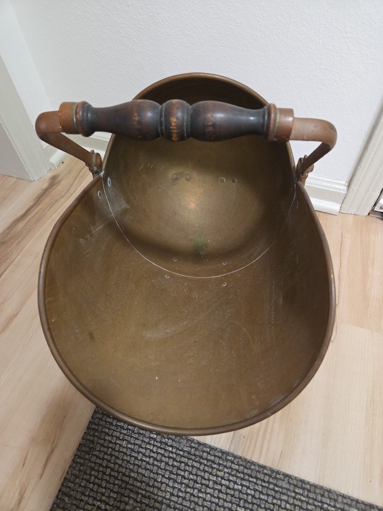 Vintage Brass Coal Scuttle Fireplace Ash Bucket Wood Handle