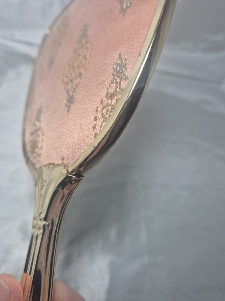 Vintage Handheld Vanity Mirror Pink Material Back With Embroidered Design