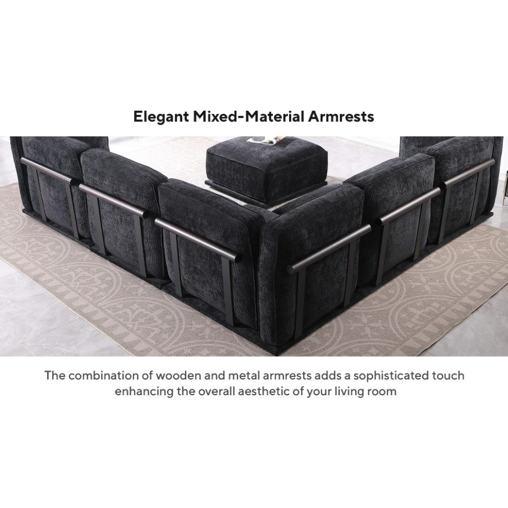 120 Inch Black Chenille Modular Sectional Sofa, Square Arms, Split Back, Modern