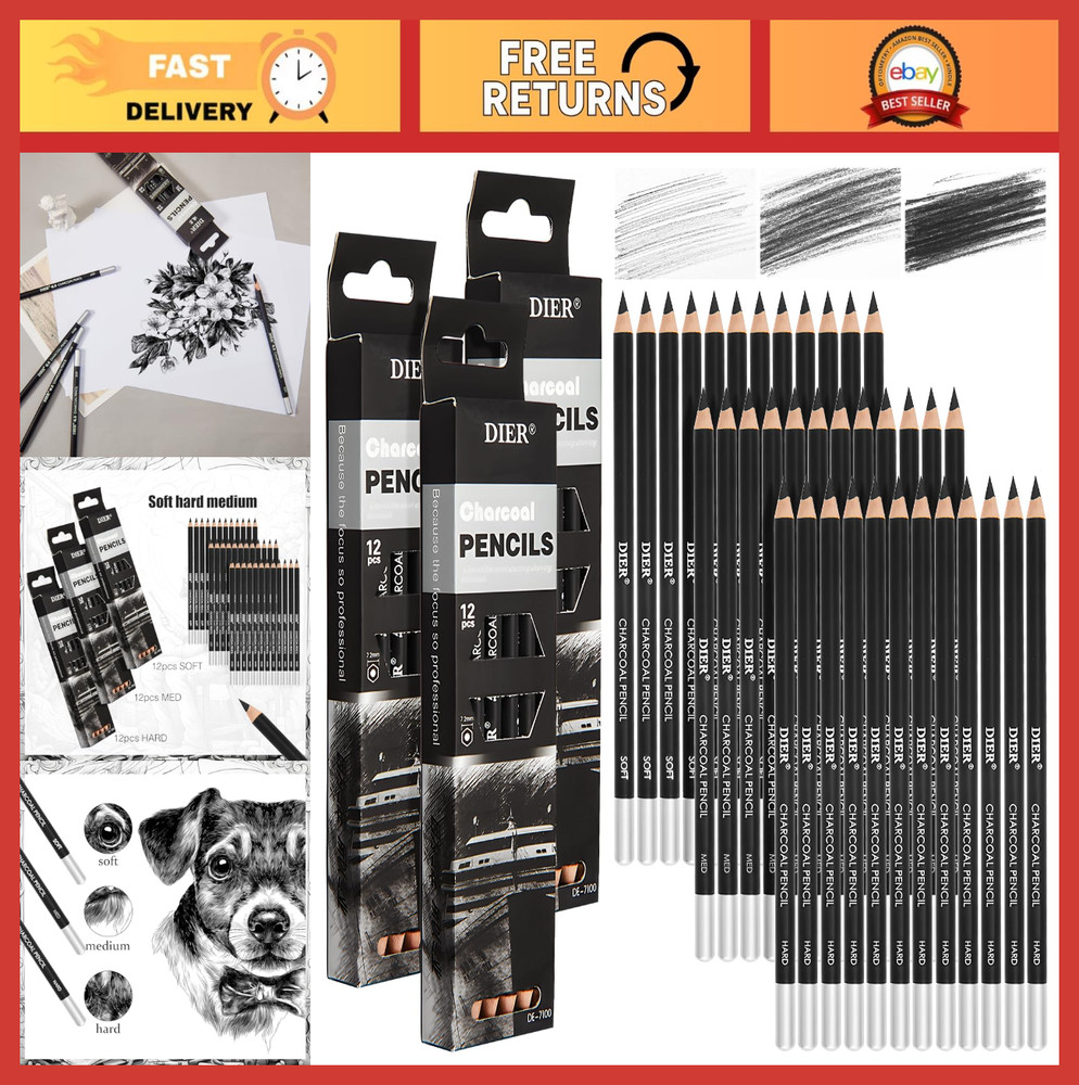 36 Pc Charcoal Pencil Set - Soft, Medium, Hard for Sketching & Shading