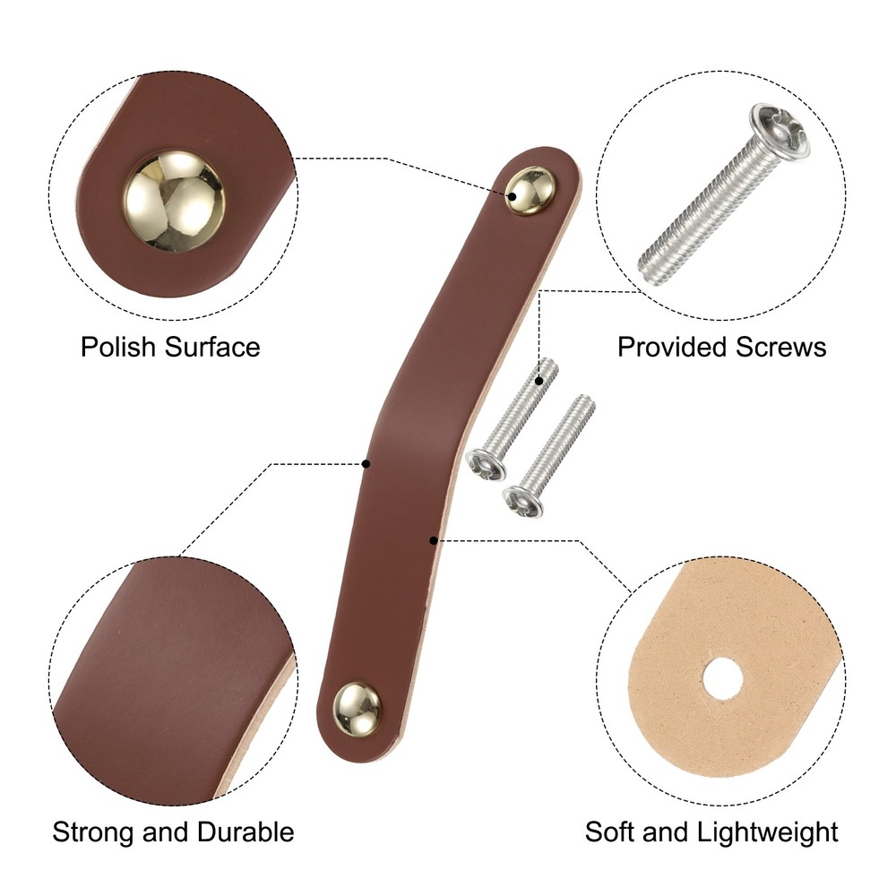 6 Packs Leather Drawer Pulls Double Hole Knobs, Brown/Gold(Hole Spacing:128mm)