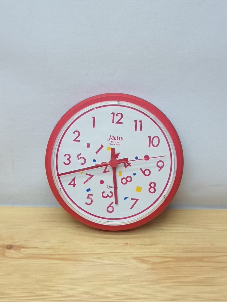 Vintage 1970s/80s Motiv Fun Reverse Anti Clockwise Round Plastic Wall Clock
