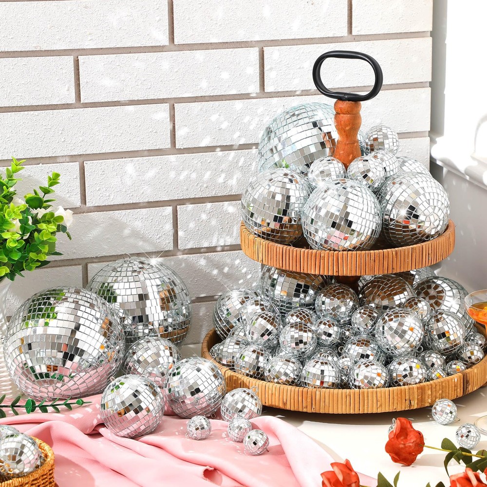 65 Pcs Assorted Silver Disco Balls Decorations Reflective Hanging Disco Ball