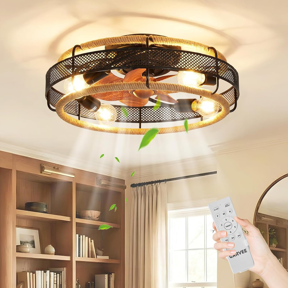 20'' Flush Mount Caged Ceiling Fan, Boho Flush Mount Ceiling Fan with Light with