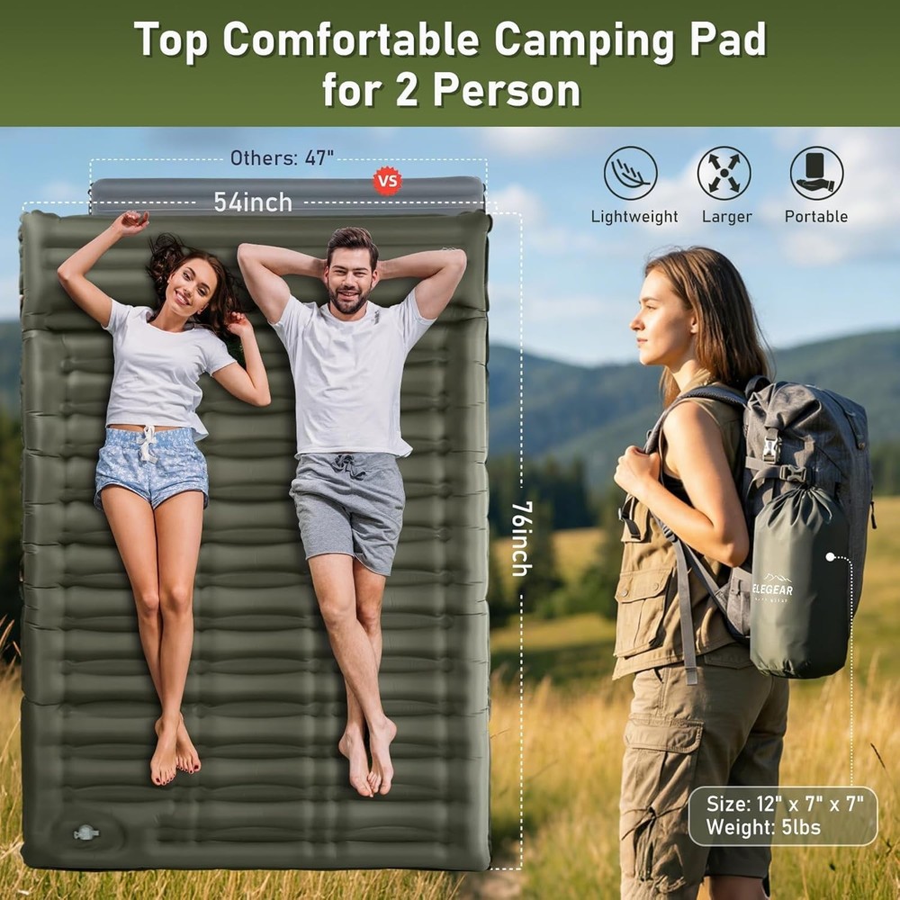 CumbreX Double Sleeping Pad 5.5" Ultra-Thick Inflatable with Built-in Pump Ar...