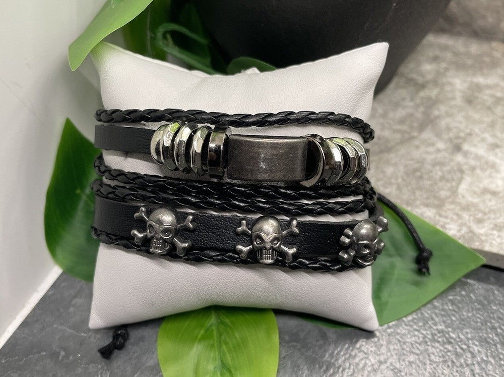 2 PC Leather Bracelet Stackable Adjustable Tie Free Ship Skull B3277