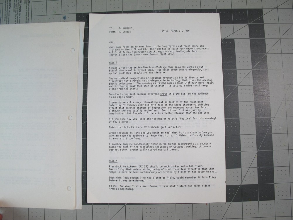 1985 Aliens movie LA Effects special effects production progress crew notes ALI