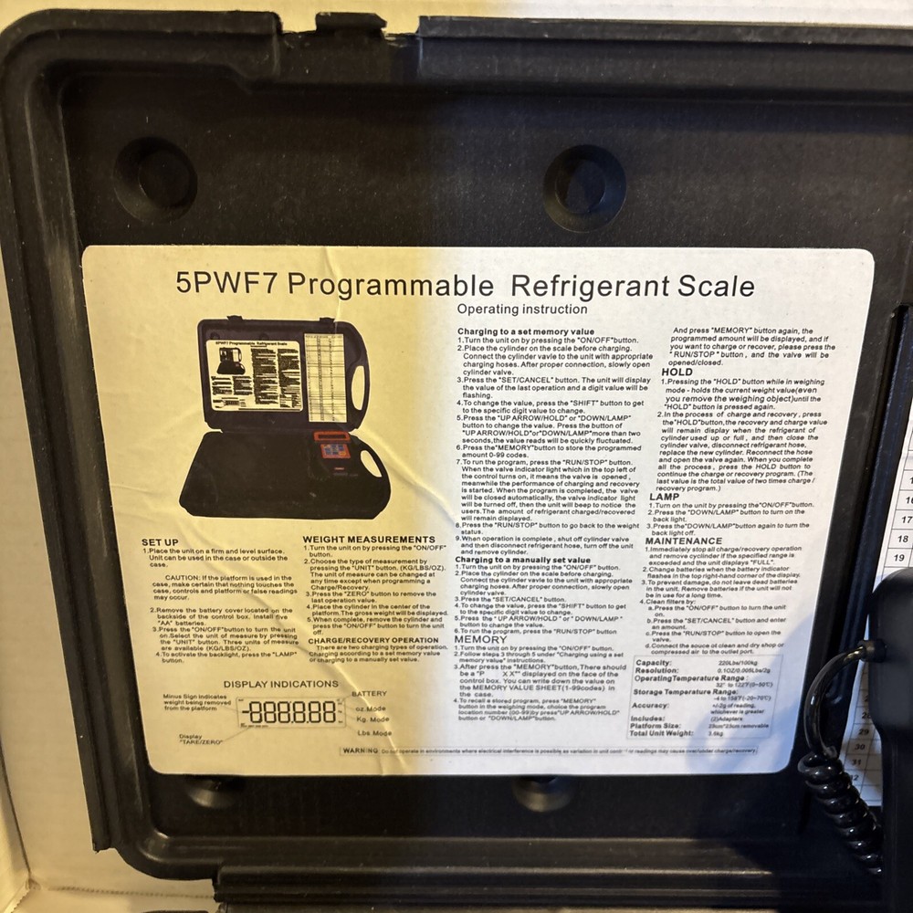 ZORO 5PWF7 ELECTRONIC REFRIGERANT SCALE PROGRAMMABLE