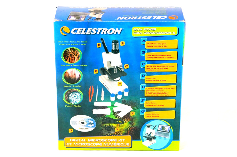CELESTRON Digital Microscope Kit #44320 Beginners Microscope 40X-600X Open Box