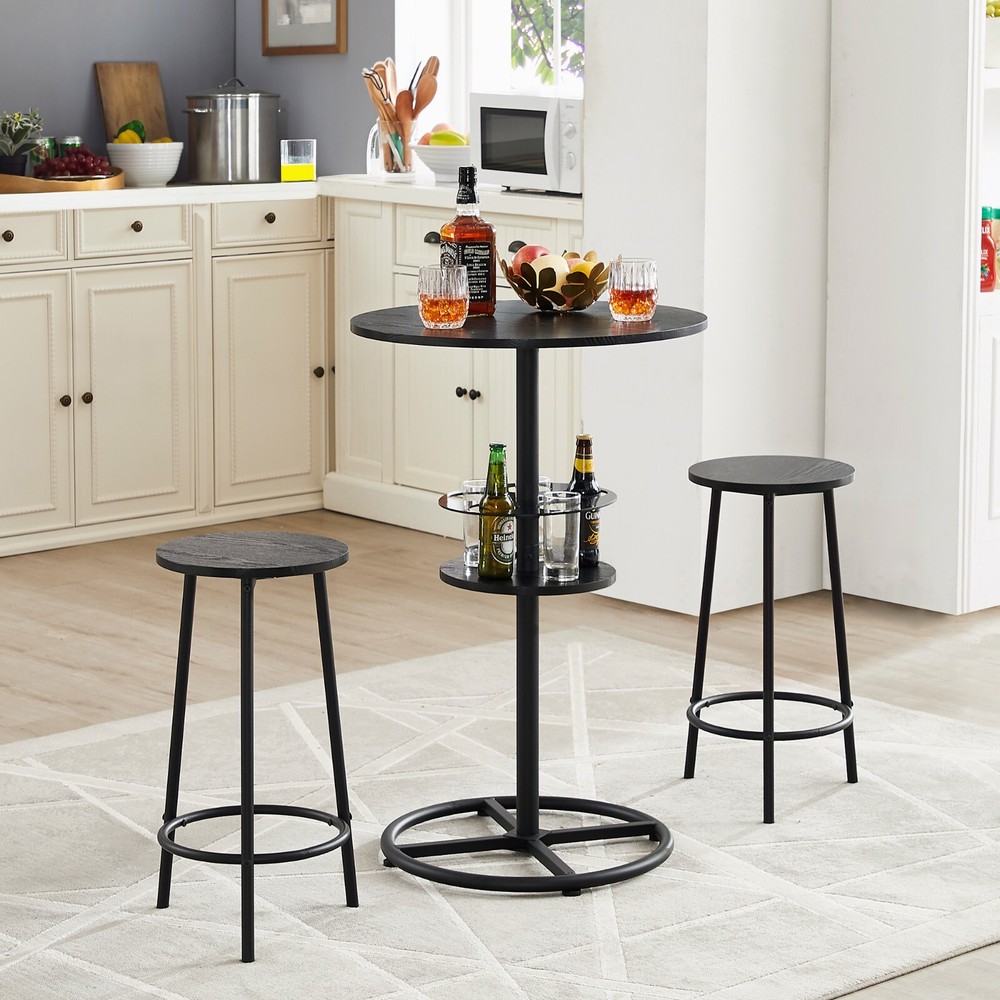 3 Piece Bar Table +2 Stools Set Round Wine Rack Table Outdoor Dining Kitchen Pub