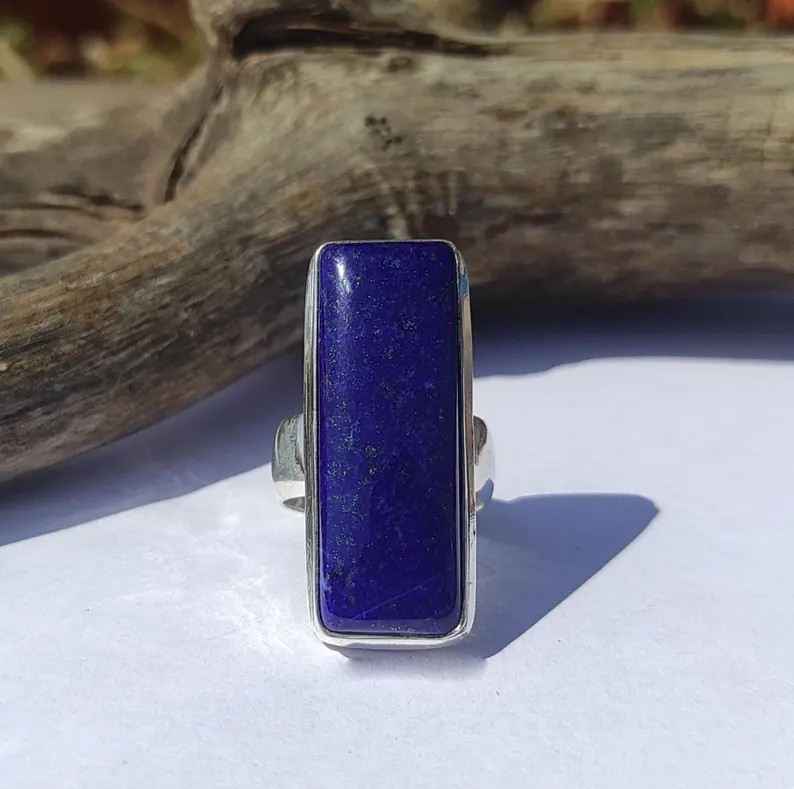 Solid 925 Sterling Silver Natural Lapis Lazuli Rectangle Blue Gemstone Band Ring
