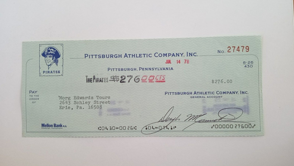 Morg Edwards Tours: 1978 Pittsburgh Pirates Expense Check