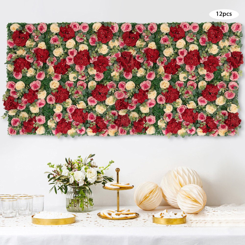 12Pcs Artificial Flower Wall Panel Backdrop Wedding Rose Hydrangea Flower Decor