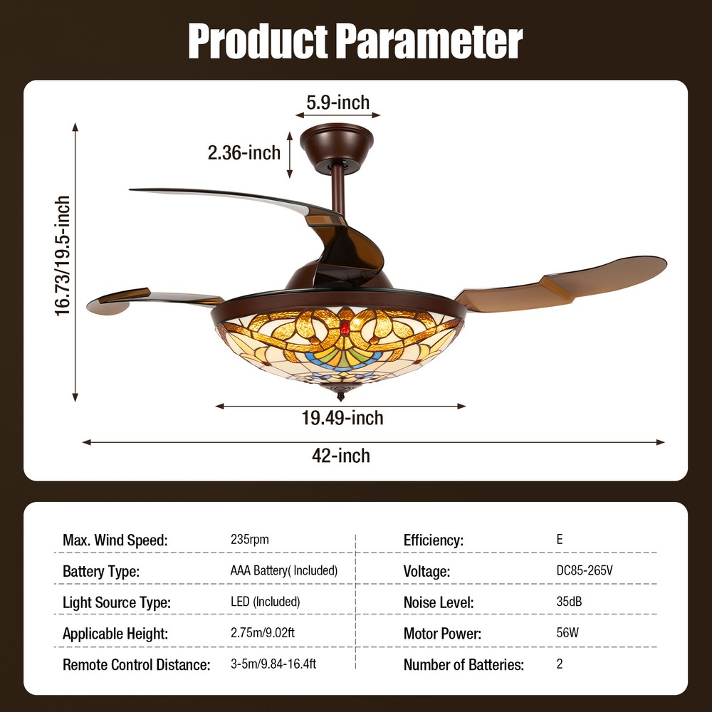 Tiffany Style 42" Chandelier Retractable Blade Ceiling Fan Light Remote Control