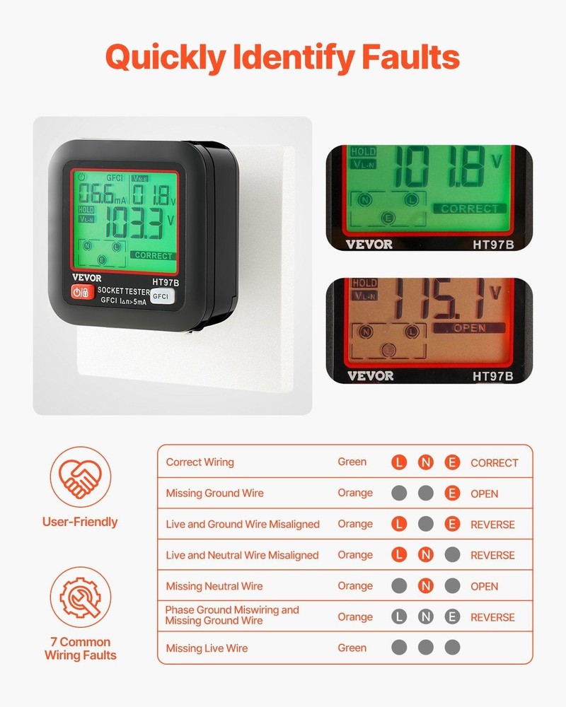 Convenient Electrical Tester with Clear LCD and GFCI Test Capability