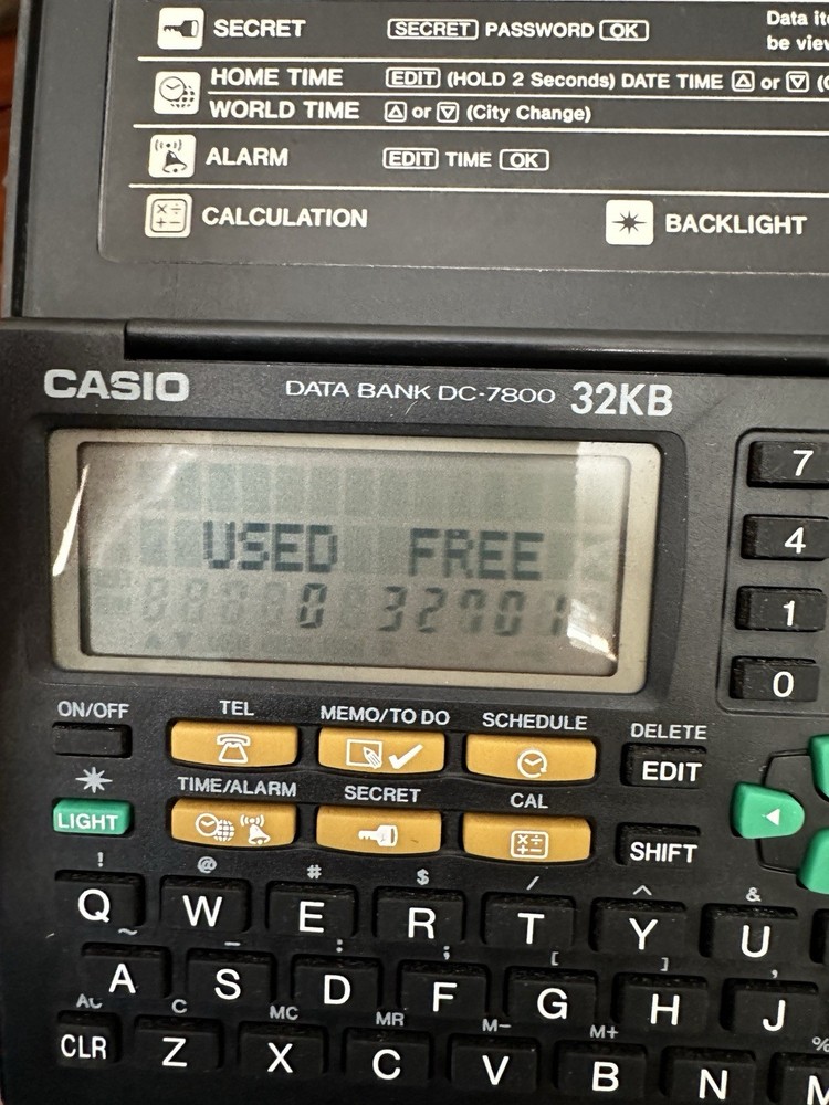 Vtg Casio Data Bank DC-7800 32KB Back Light Multi-function Organizer Tested