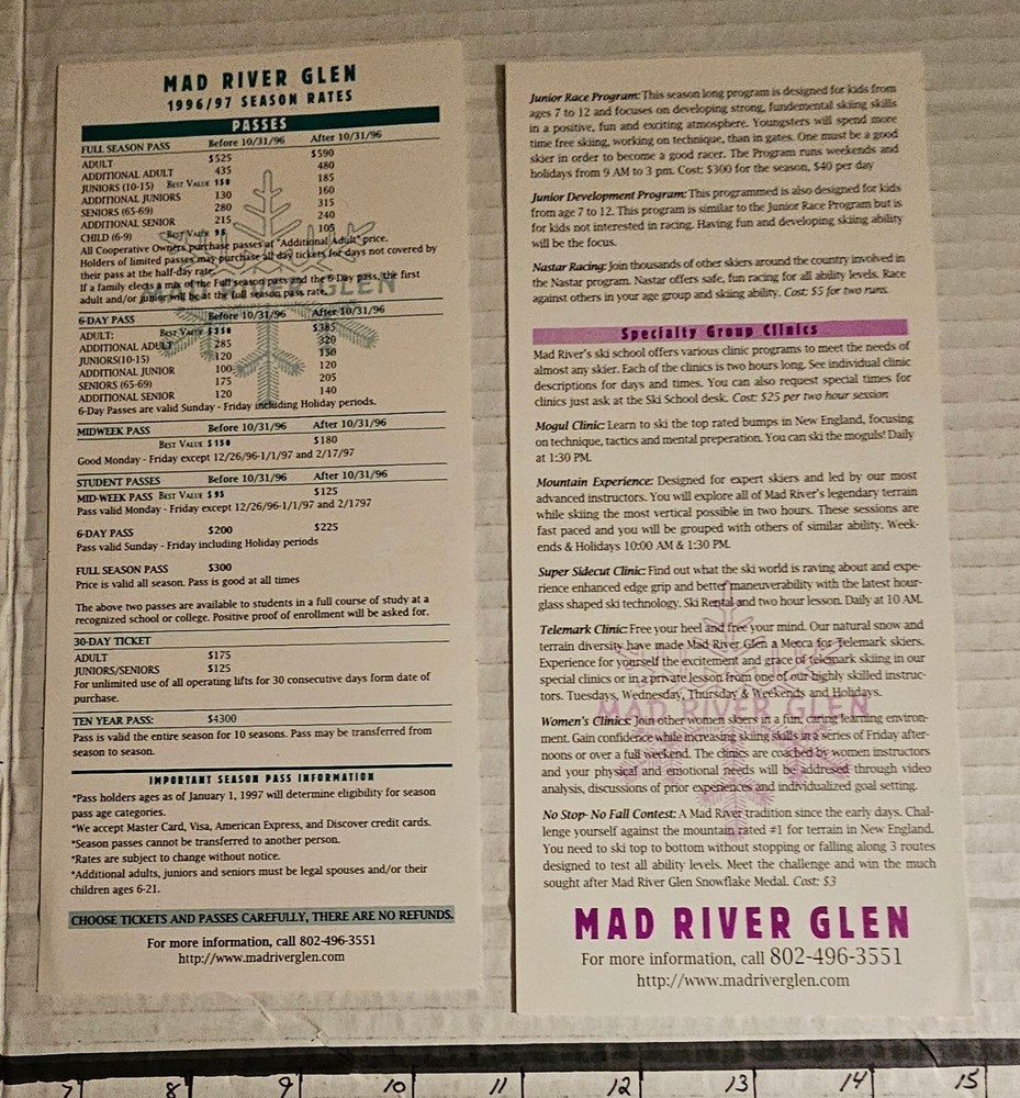 1996/97 MAD RIVER GLEN SKI AREA BROCHURE W/ TRAIL MAP INSIDE & 2 INSERTS. MINT