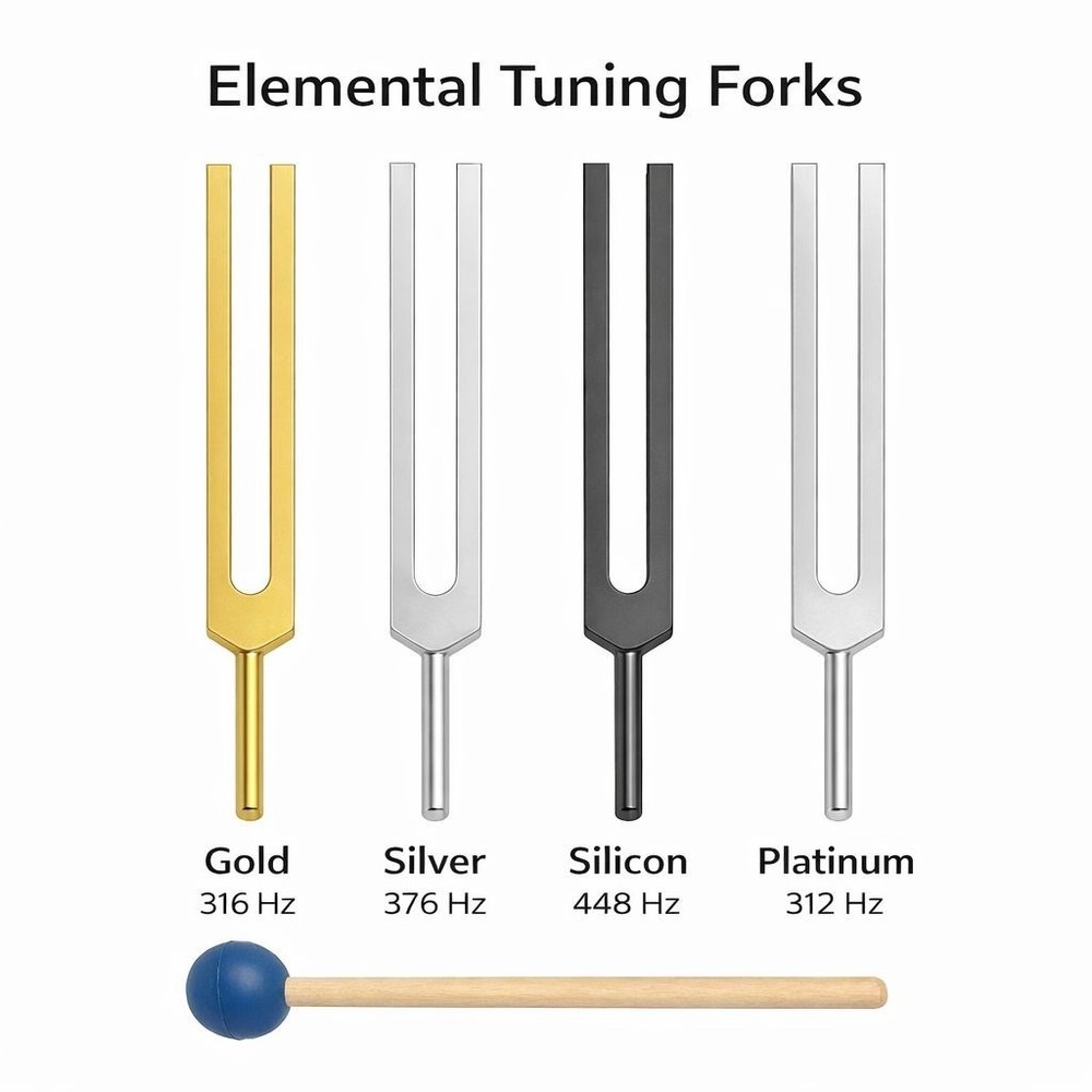 ✨ 4 Pc Elemental Professional Tuning Fork Set – Gold, Silver, Silicon & Platinum