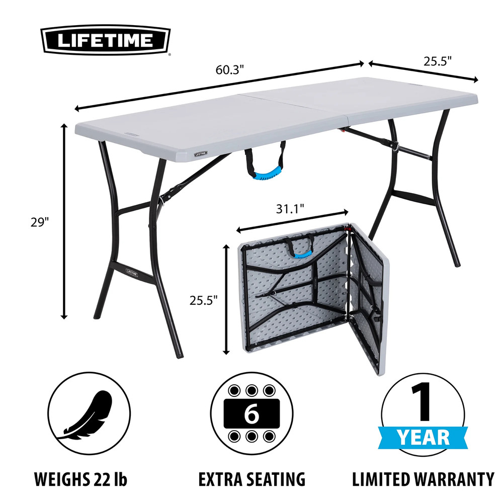 Lifetime 5 Ft Rectangle Fold-in-Half Portable Folding Table Collapsible White