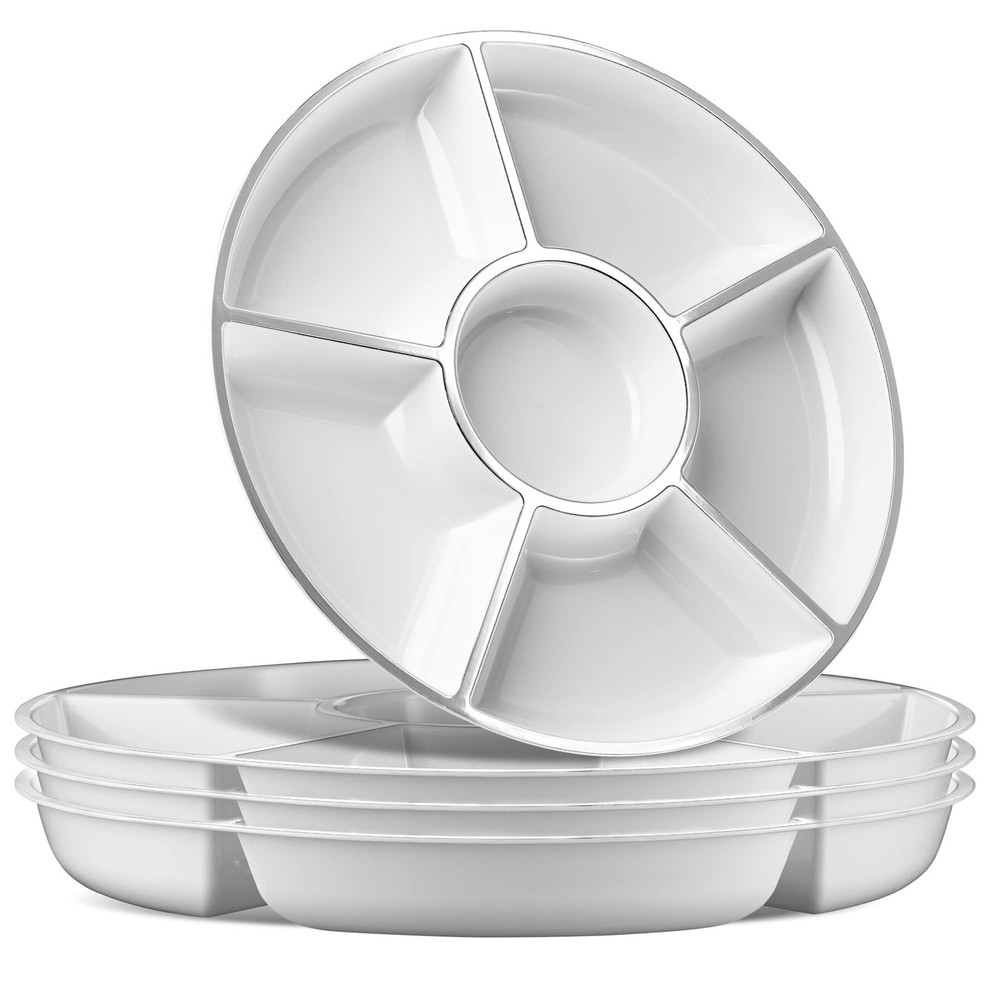 Plasticpro 6-Section Round Plastic Serving Tray Platter White/Silver (2 Pack)