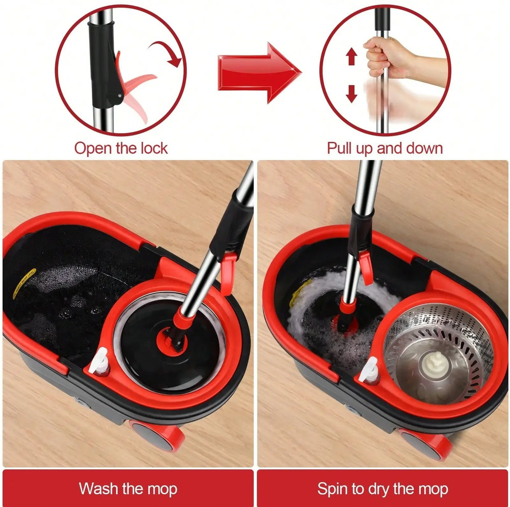 Heavy Duty Rolling Spin Mop Bucket Set Wringer 3 Heads Adjustable Handle HomeUse