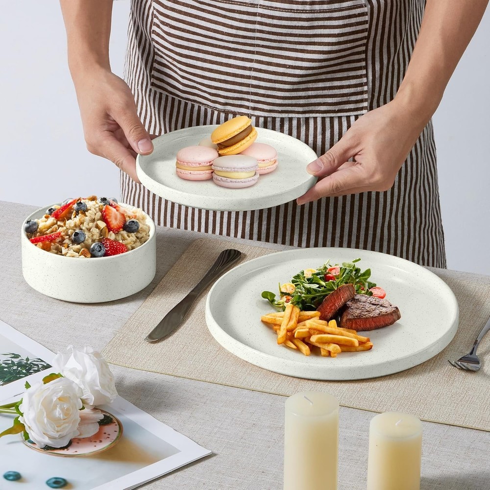 E-far 8-Persons Dinnerware Set Stone White Speckle Scratch Resistant (24-Pieces)