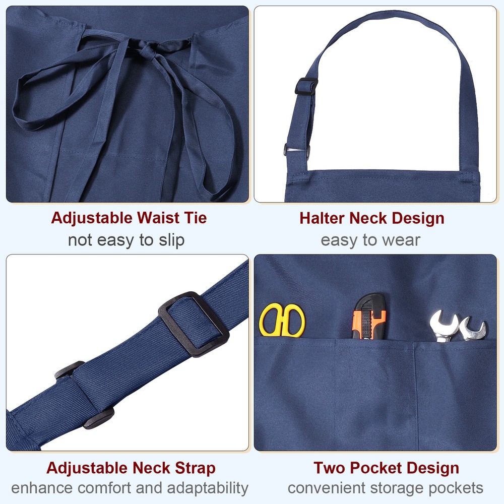 2Pack Kitchen Cooking Aprons Adjustable Chef Apron with 3 Pockets Navy Blue