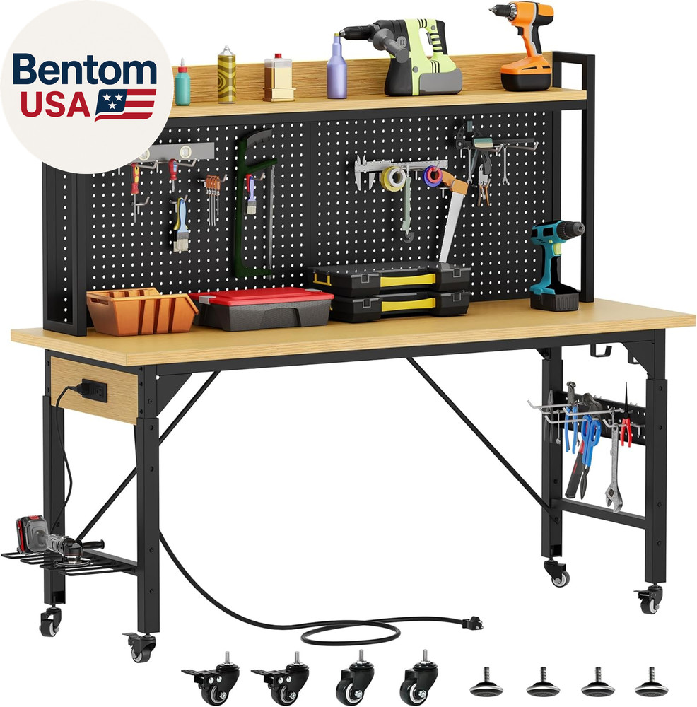 Adjustable Workbench with Pegboard 48", Heavy Duty Wood Top Work Bench with Whee