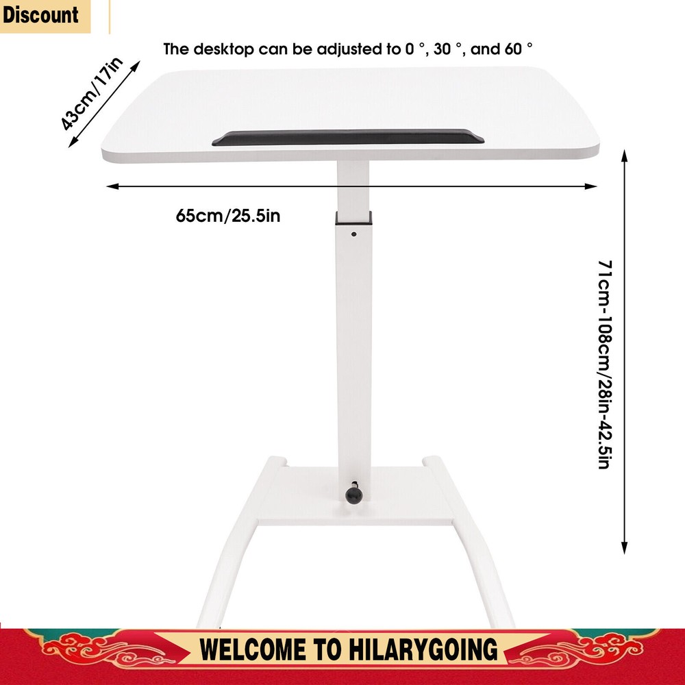 Adjustable 10°-30° Rolling Podium Desk Standing Lifting Computer Desk White