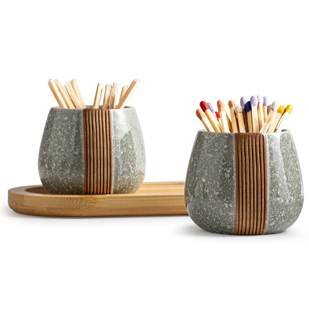 Zoeeker Match Holder Set with Striker - Ceramic Matchstick Container Gray