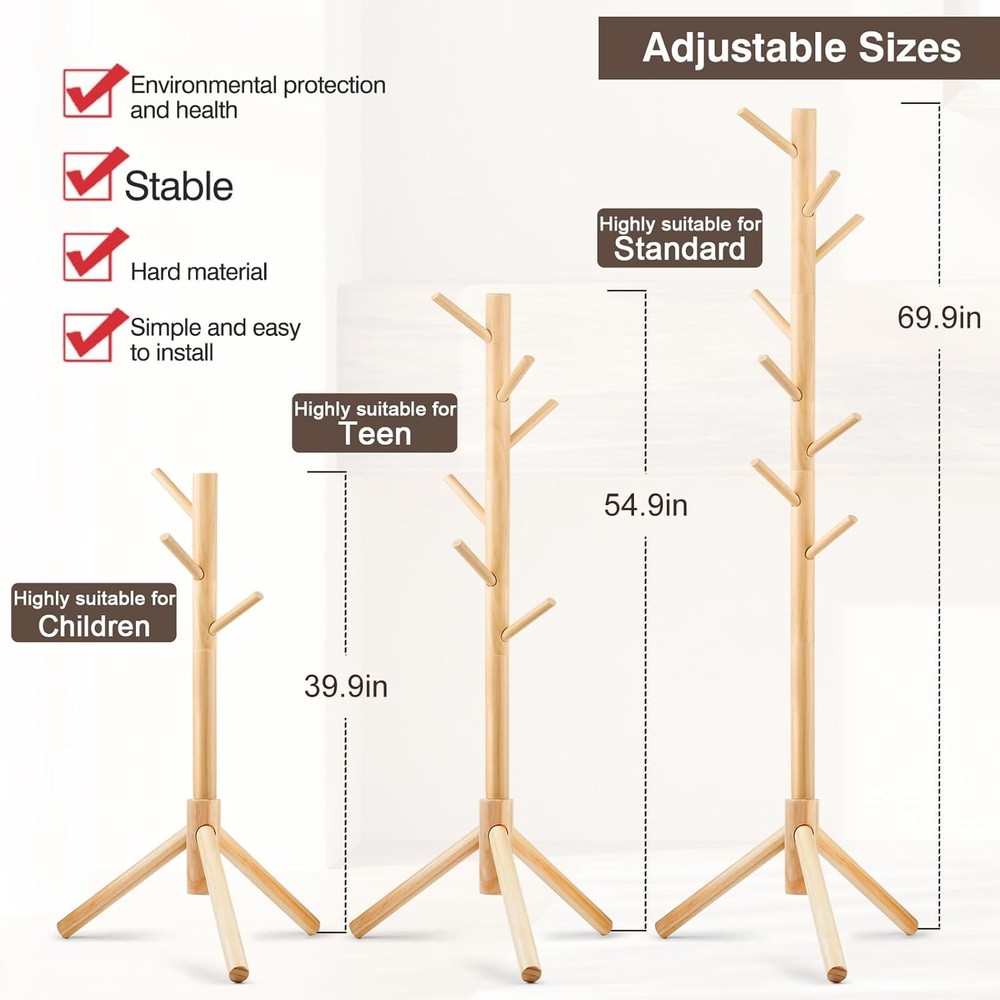 Coat Rack Freestanding Coat Rack W/ 8 Hooks & 3 Adjustable Size Tree Coat Racks