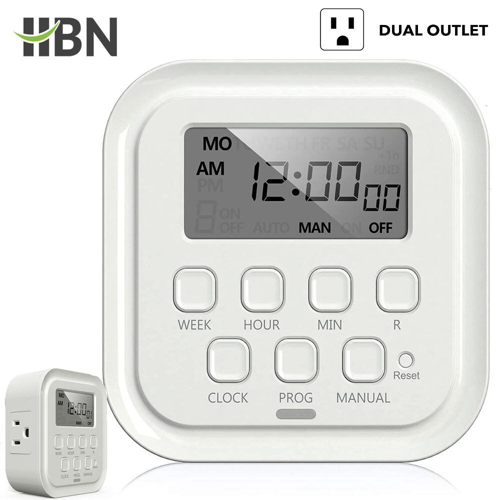 HBN 7 Day 8 On/Off Programs Heavy Duty Digital Timer Dual Outlet Programmable