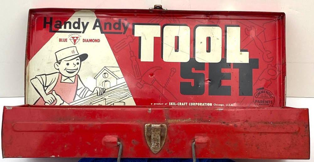Vintage Handy Andy Blue Diamond Empty Metal Tool Box Only – No Tools