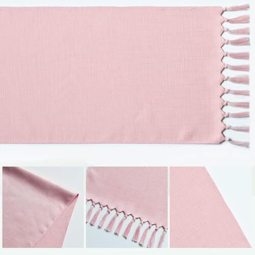 Tassel Table Runner, Linen Blend Rustic 13" x 36", Table Runner Blush Pink