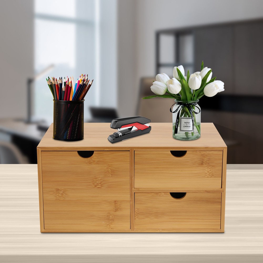 Bamboo Desk Organizer Drawer Tabletop Storage Organization Box Home