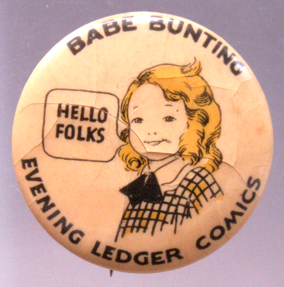 1930's BABE BUNTING Evening Ledger COLOR comic pinback button CRACKS fb