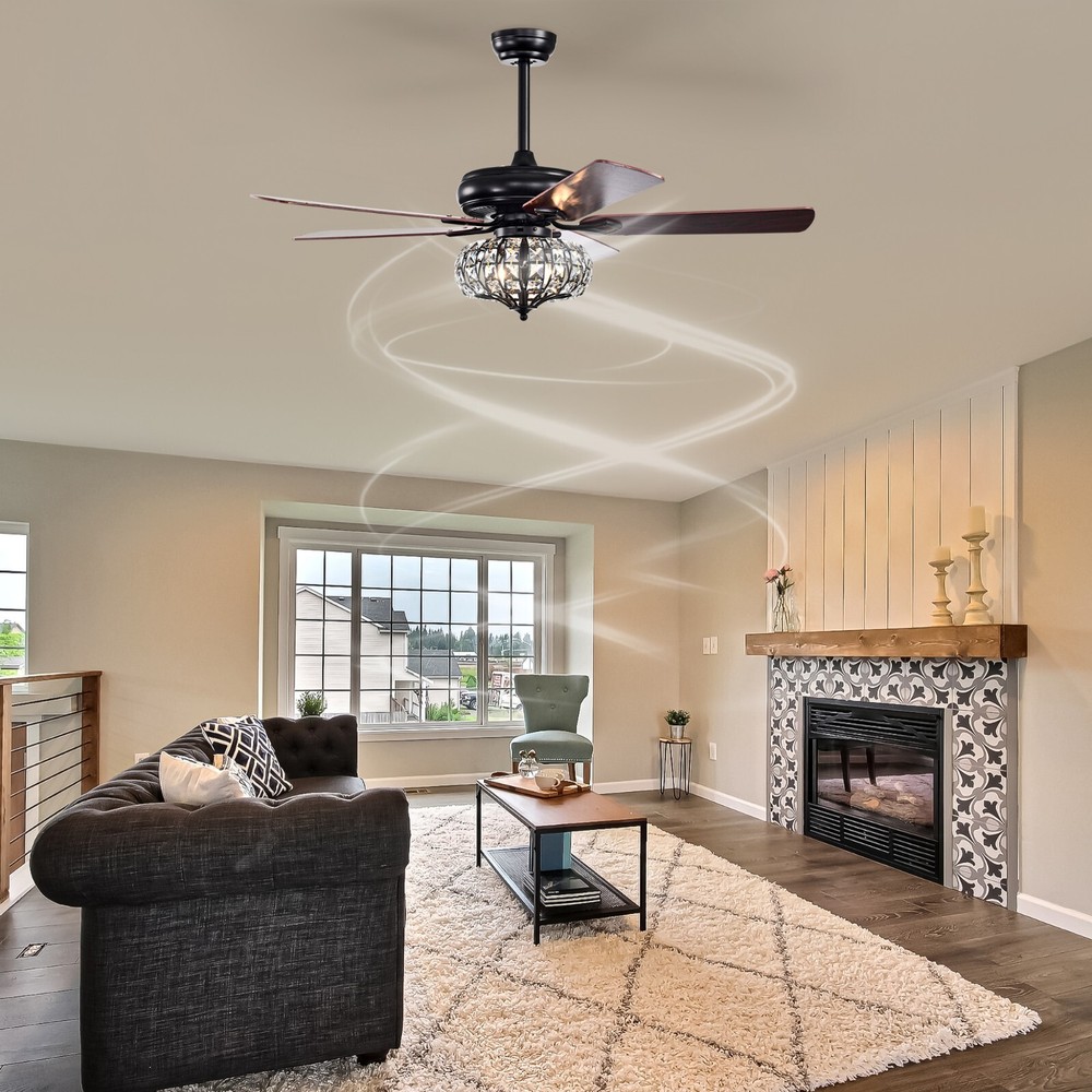 52'' Crystal Shade Ceiling Fan Lamp With Remote Control 3 Speed