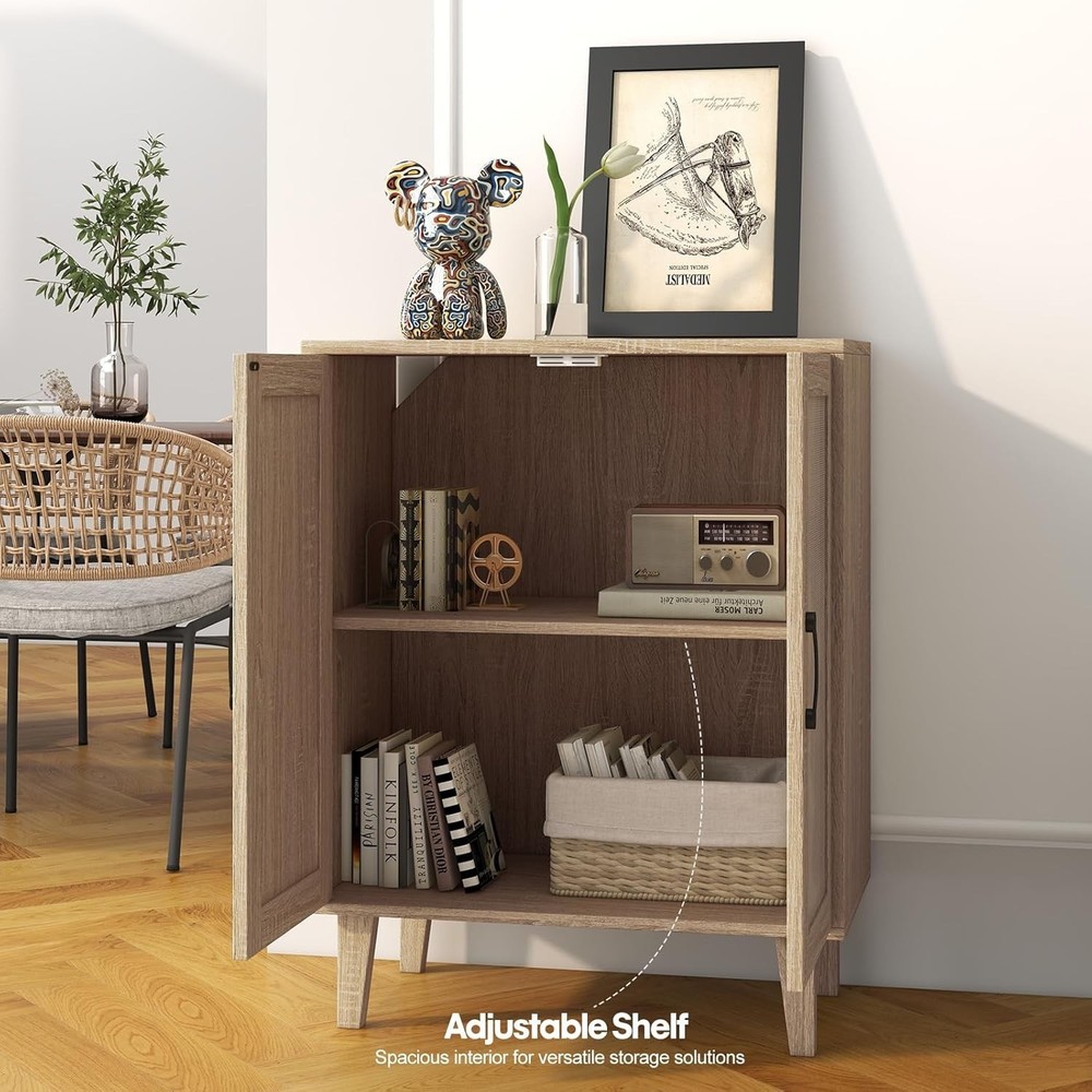 Buffet Cabinet Sideboard W/ Rattan Decorated Doors Kitchen Storage Cupboard
