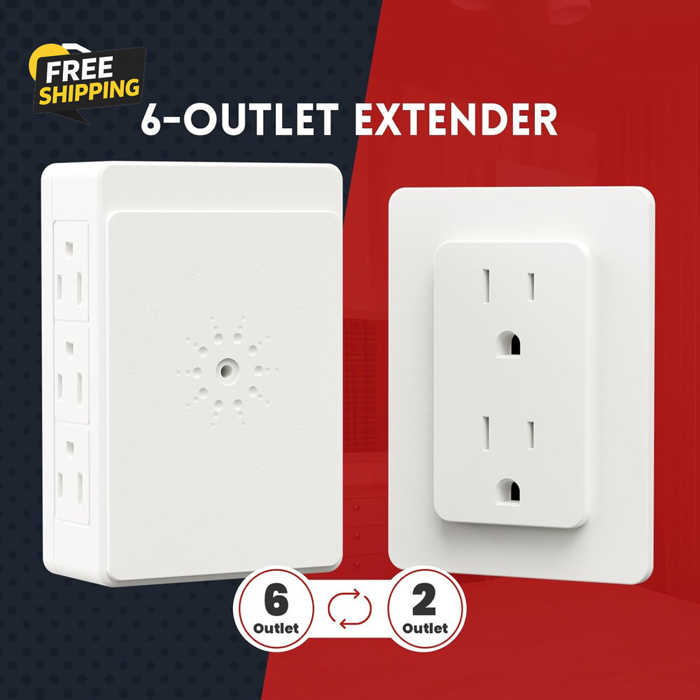 2 Pack Side Outlet Plug Adapter, 6-Outlet Extender, 3-Prong, Multiple Plug