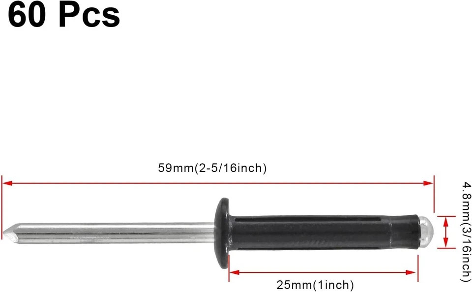 60 Pcs Tri-Fold Exploding Pop Rivets Aluminum Large Head 3/16 x 1 Black Tool New