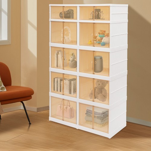 5 Tier Plastic Storage Containers with Doors & Wheels Foldable Organization