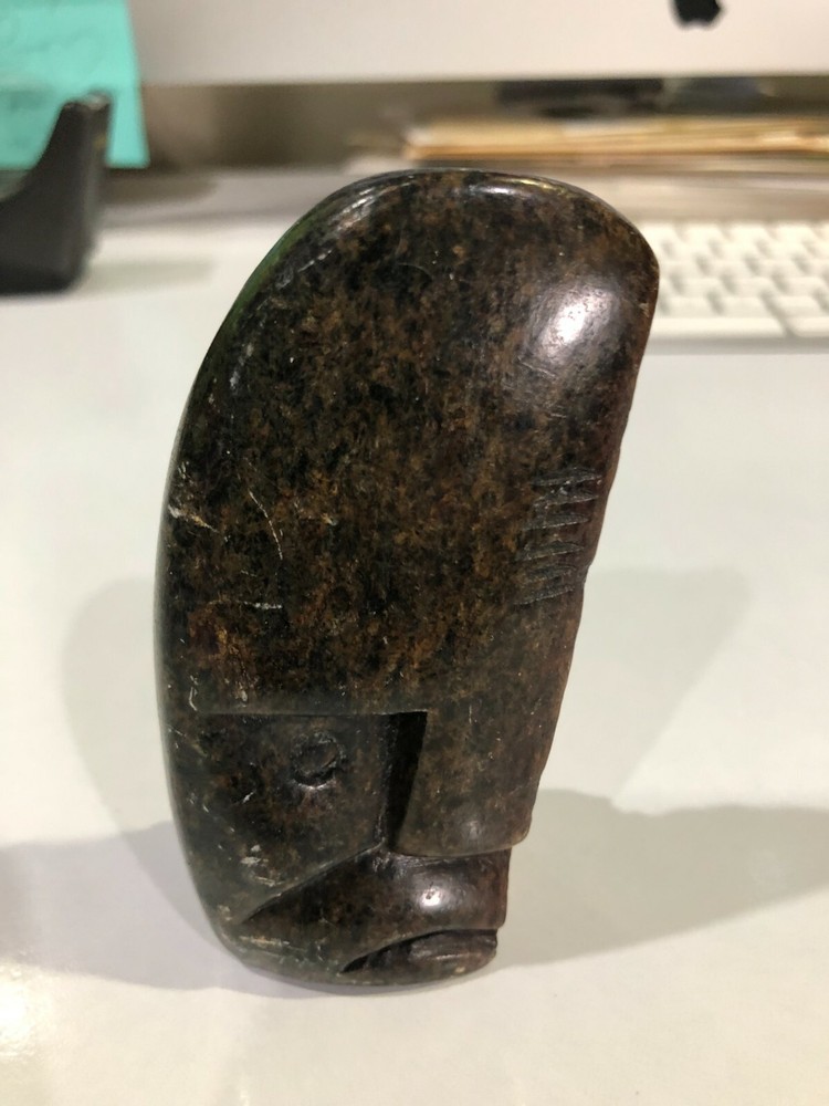 Carved Black/Brown Stone Head - 9.5 cm