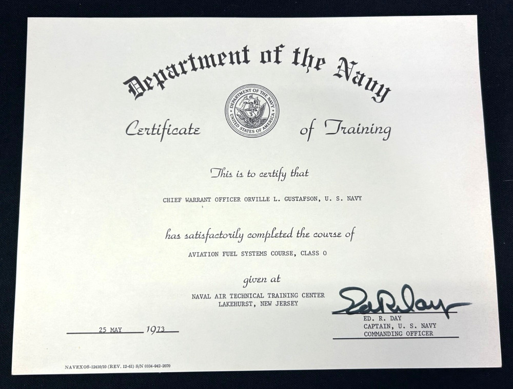1973 US Navy Aviation Fuel Systems Course Named Certificate