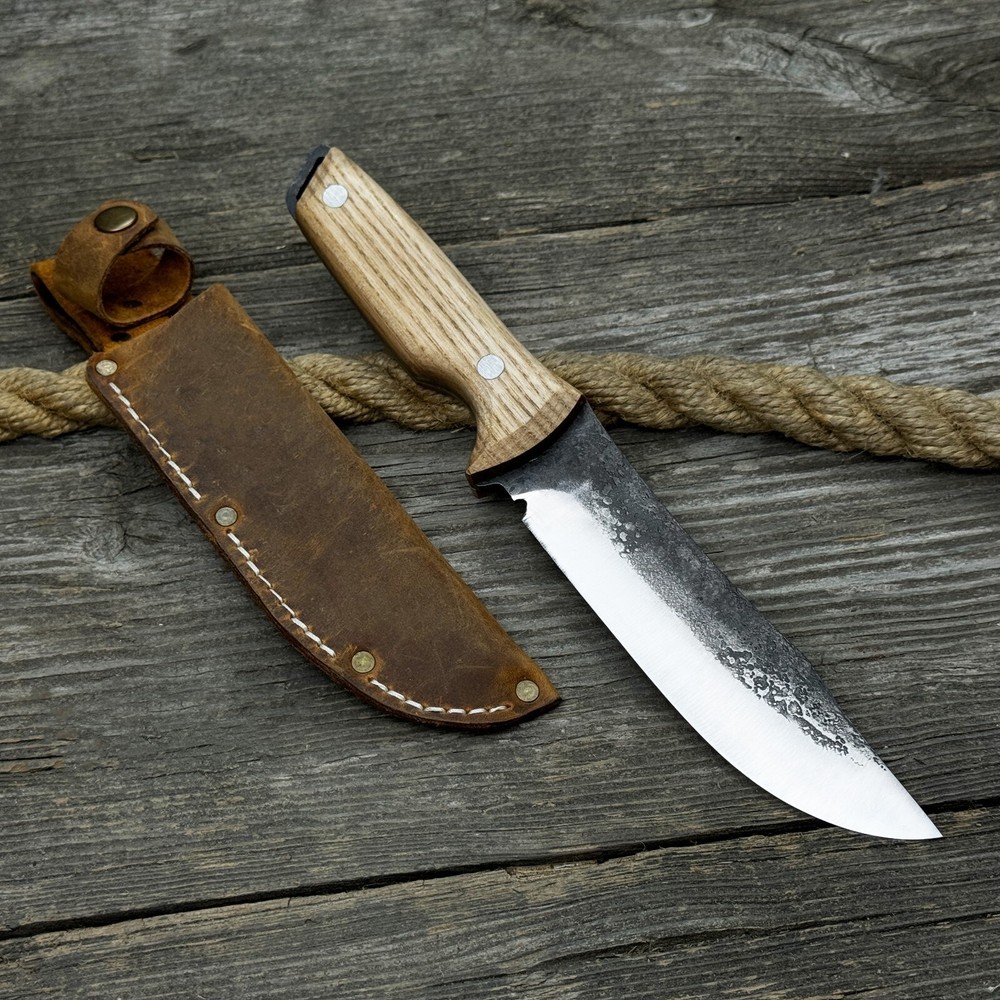 Bushcraft Knife - Sharp Carbon 52100 Blade, Ergonomic Ash Handle, Leather Sheath