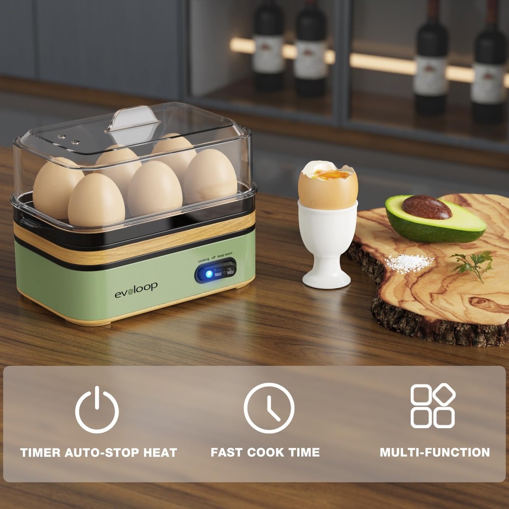 Evoloop Rapid Egg Cooker 6 Eggs Capacity - Soft, Medium, Hard Boiled, Poach